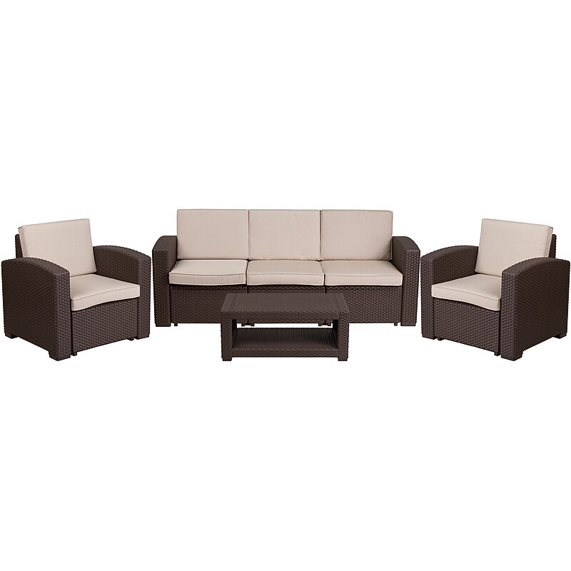 Flash Furniture Seneca Faux Rattan Chair, Sofa and Table Set, Chocolate Brown, 4/Set (DADSF113RCBN) image 1
