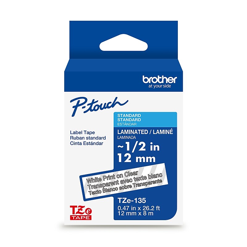 Brother P-touch Laminated Label Tape, ~1/2" x 26.2', White on Clear (TZe135) image 1
