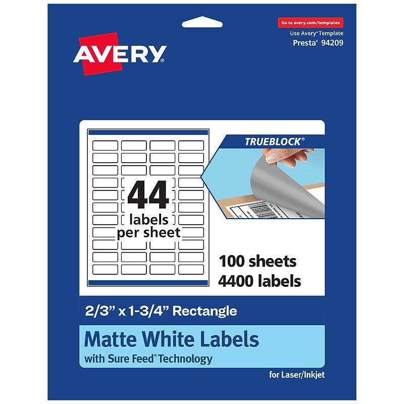 Avery TrueBlock Laser/Inkjet Rectangle Multipurpose Labels, 2/3" x 1-3/4", White, 4400/Box (94209) image 1