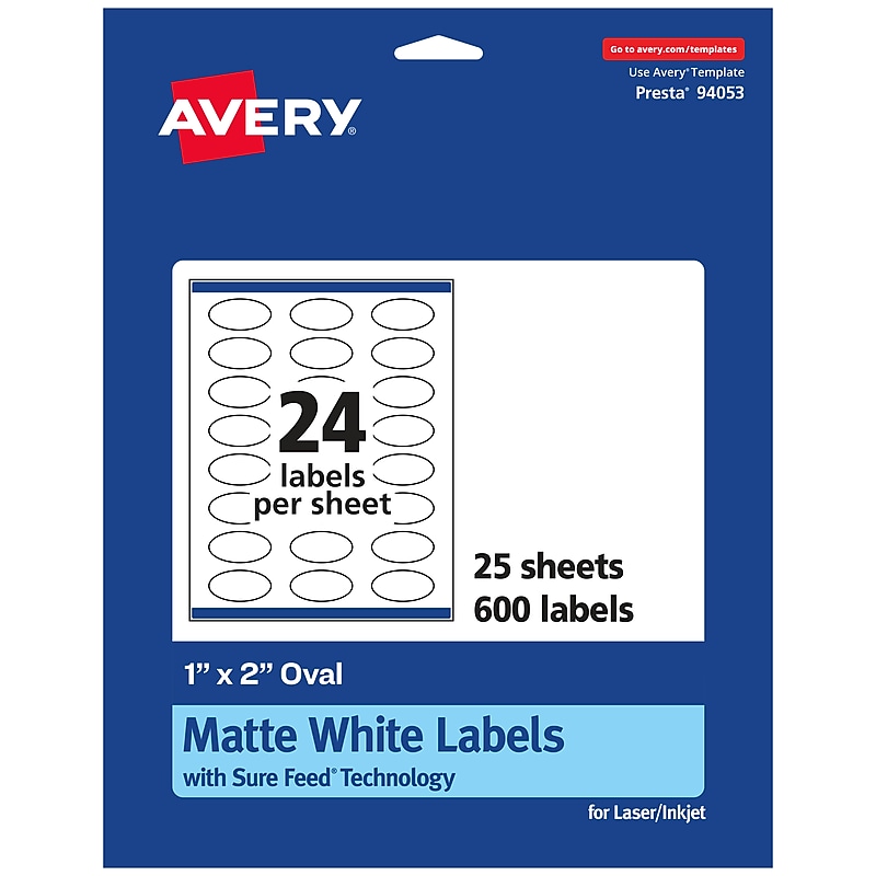 Avery Laser/Inkjet Oval Multipurpose Labels, 1" x 2", White, 600 Labels/Pack (94053) image 1