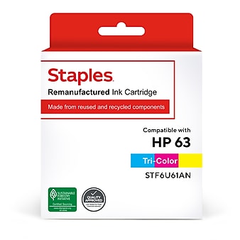 Staples Remanufactured Tri-Color Standard Yield Ink Cartridge Replacement for HP 63 (TRF6U61AN/STF6U61AN)