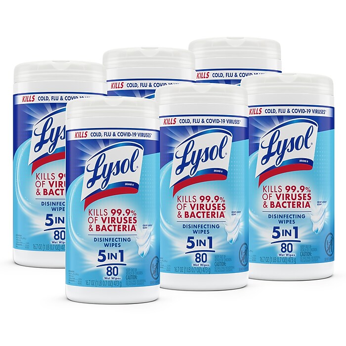 Lysol Disinfecting Wipes, Crisp Linen Scent, 80 Wipes/Canister, 6