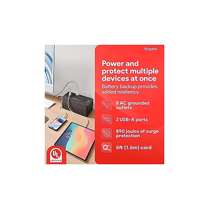 Staples TECH 650VA 8-Outlet Battery Back-Up & Surge Protector