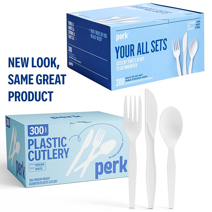 Perk™ Polystyrene Assorted Cutlery, Medium-Weight, White, 300/Pack