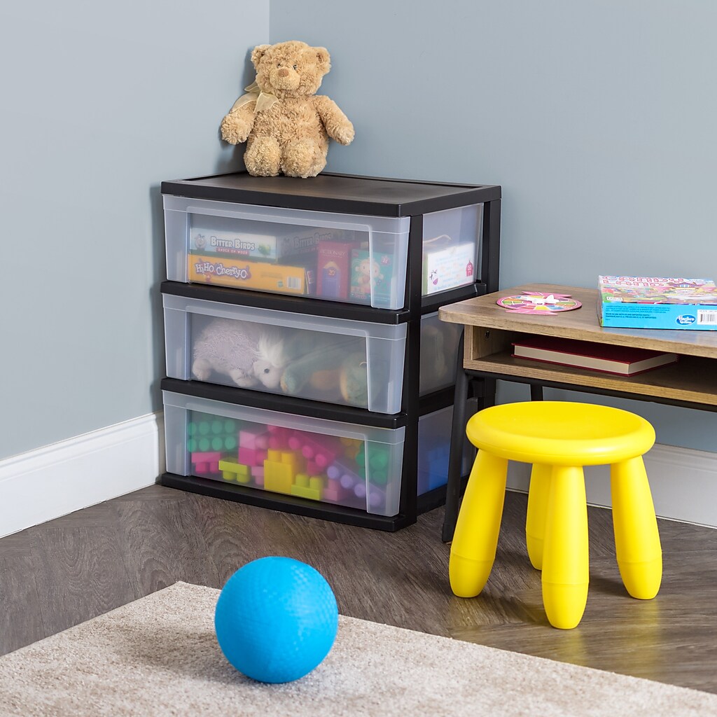 Kids room with stackable drawers and teddy bear