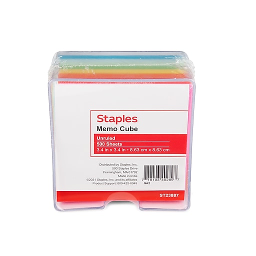 Staples Memo Cube Memo Pad, 3.4" x 3.4", Unruled, Assorted Colors, 500