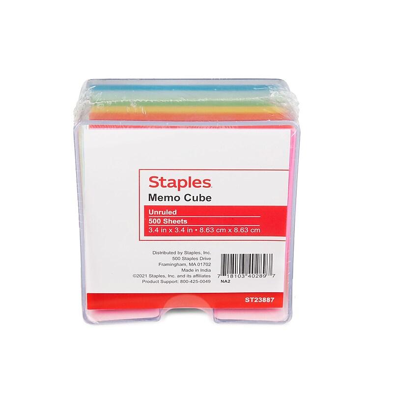 Staples Memo Cube Memo Pad, 3.4" x 3.4", Unruled, Assorted Colors, 500 Sheets/Pad (ST23887C) image 1