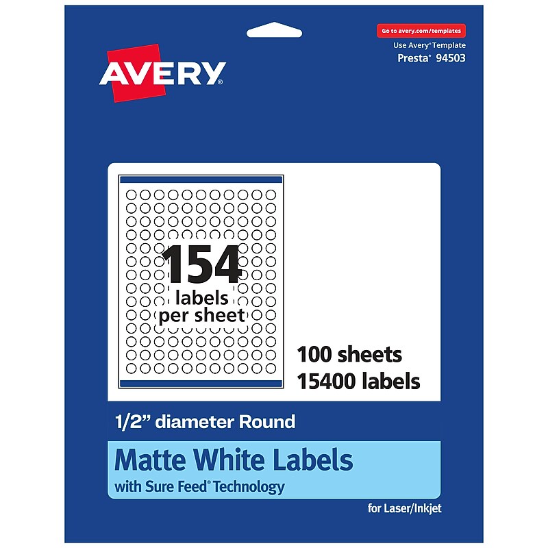 Avery Laser/Inkjet Waterproof Round Multipurpose Labels, 0.5" Dia., White, 15400 Labels/Box (94503) image 1