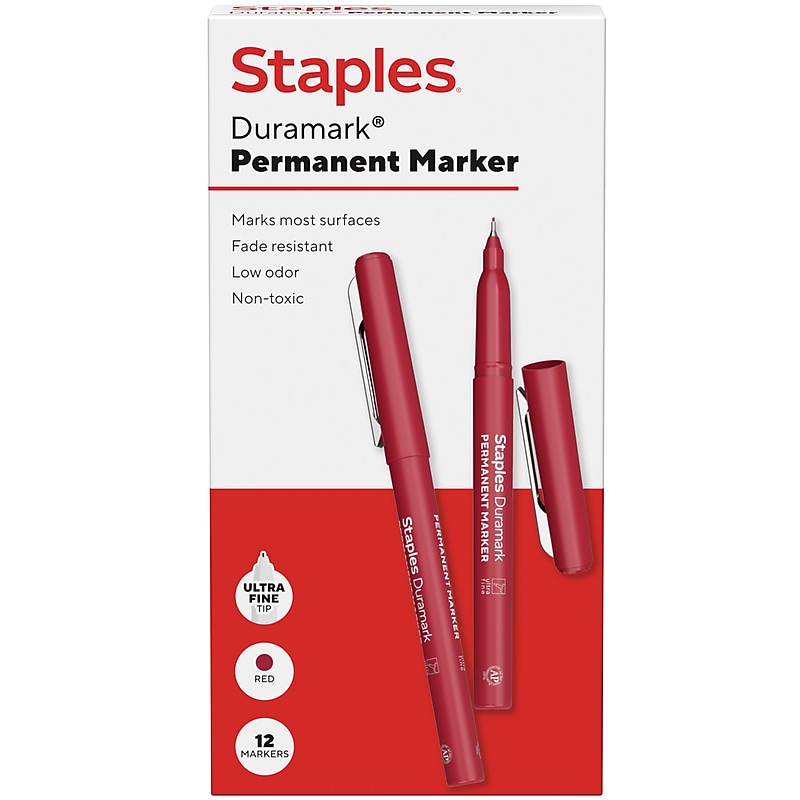 Staples Duramark Permanent Marker, Ultra Fine Tip, Red, Dozen (ST62947) image 1