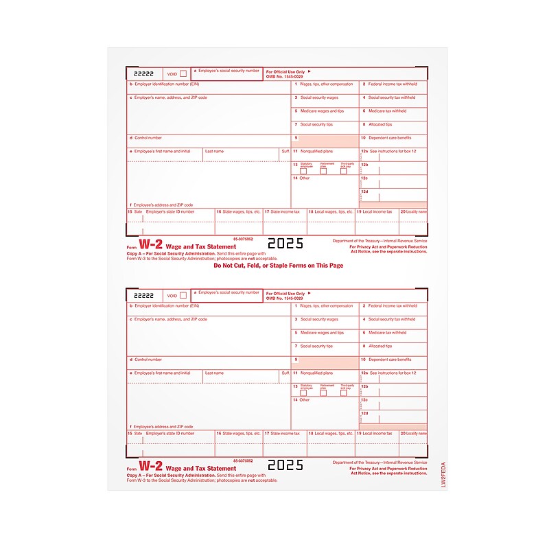 Adams 2025 W-2 Tax Form, 1-Part, Copy A, 100/Pack (LW2FEDAW3) image 1