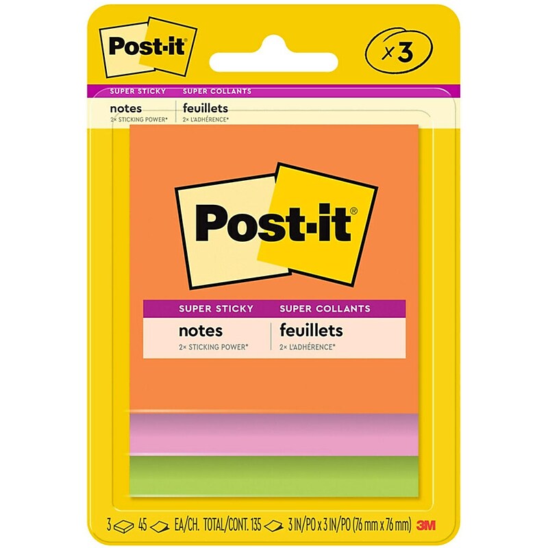 Post-it Super Sticky Notes, 3" x 3", Energy Boost Collection, 45 Sheets/Pad, 4 Pads/Pack (3221-SSAU) image 1