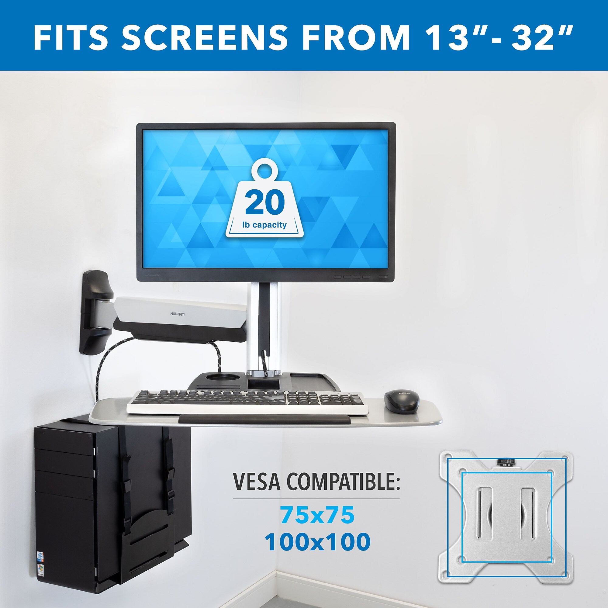 Mount-It! Wall Mounted Sit-Stand Single Monitor Workstation with Floating Keyboard Tray, Up to 32″ Monitor, Silver (MI-7905) Sansujyuku sansujyuku.com