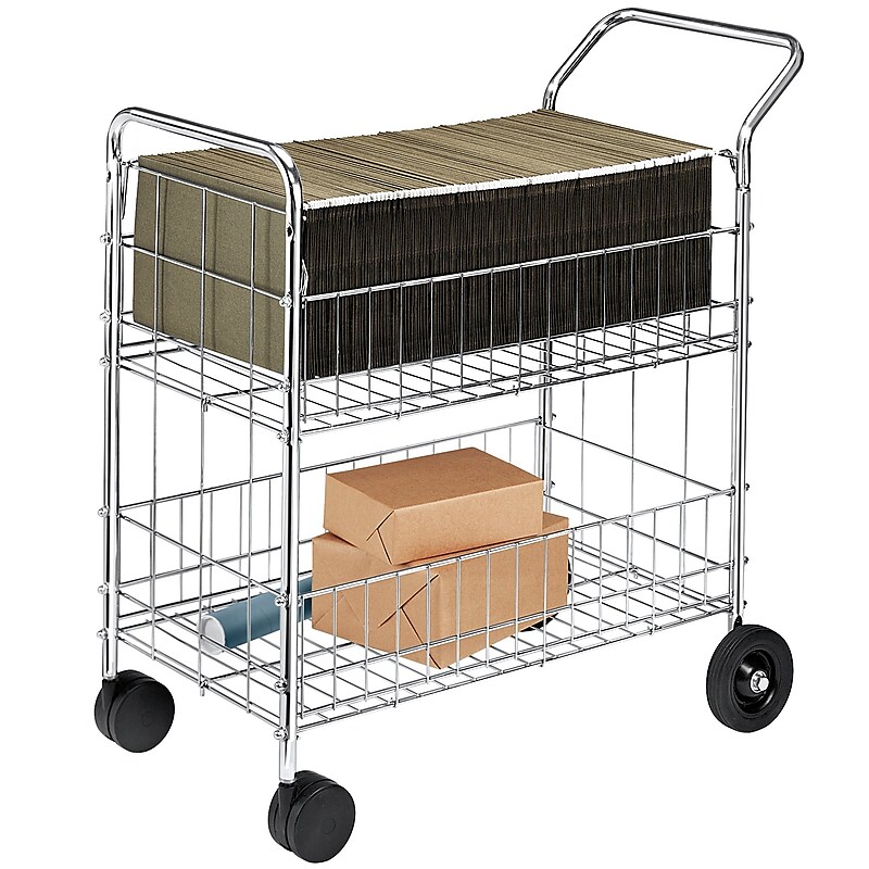 Fellowes 2-Shelf Metal Mobile Mail Cart with Dual Wheel Front Casters, Chrome (40912) image 1