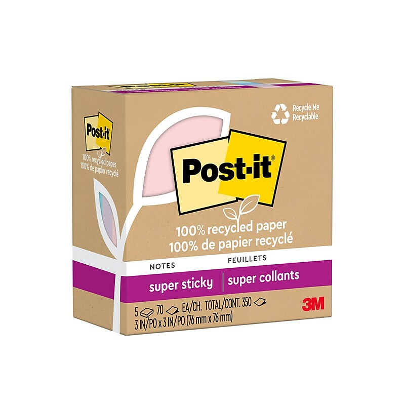 Post-it Recycled Super Sticky Notes - Wanderlust Pastels Collection, 3