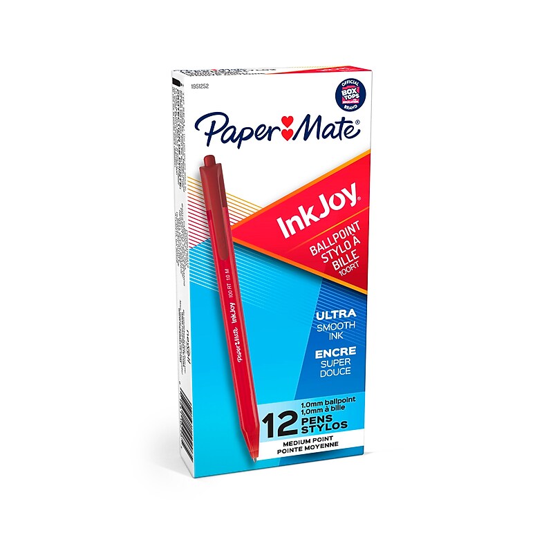 Paper Mate InkJoy 100 Retractable Ballpoint Pen, Medium Point, Red Ink, 12/Pack (1951252) image 1