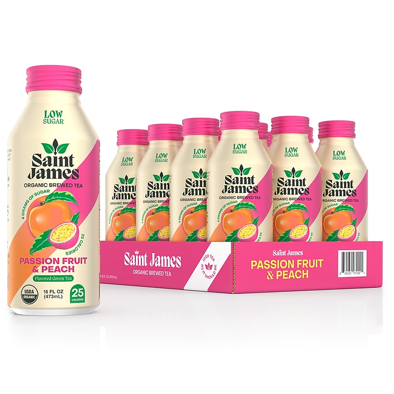 Saint James Organic Passion Fruit & Peach Green Tea Bottles, 16 oz., 12/Carton (72021A) image 1