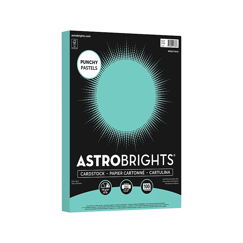 Astrobrights Punchy Pastels 65 lb. Cardstock Paper, 8.5" x 11", Breezy Blue, 100 Sheets/Pack (91784) image 1