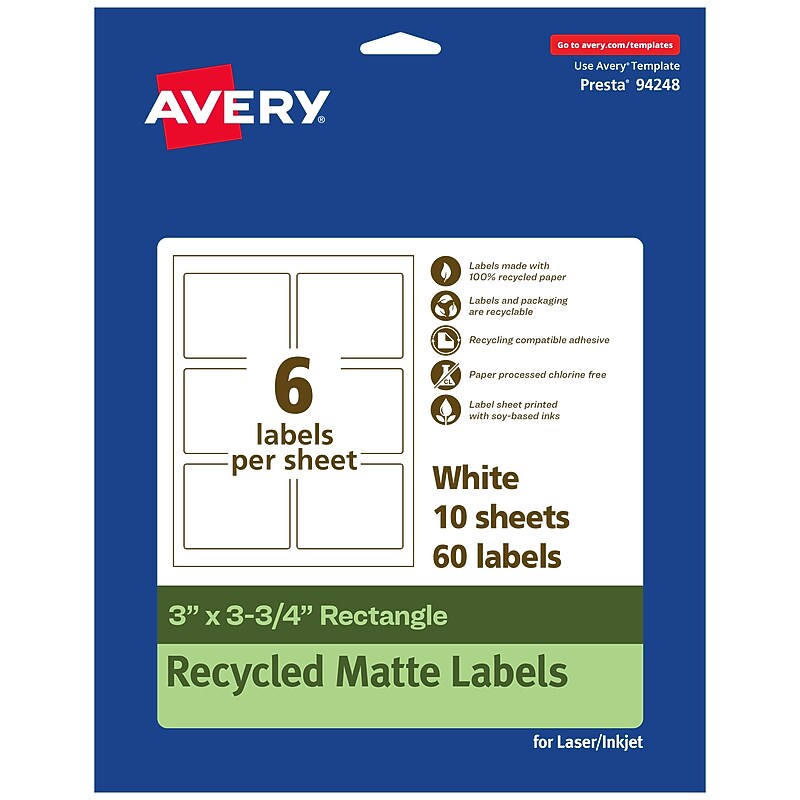 Avery EcoFriendly Laser/Inkjet Rectangle Multipurpose Labels, 3" x 3-3/4", White, 60/Pack (94248) image 1