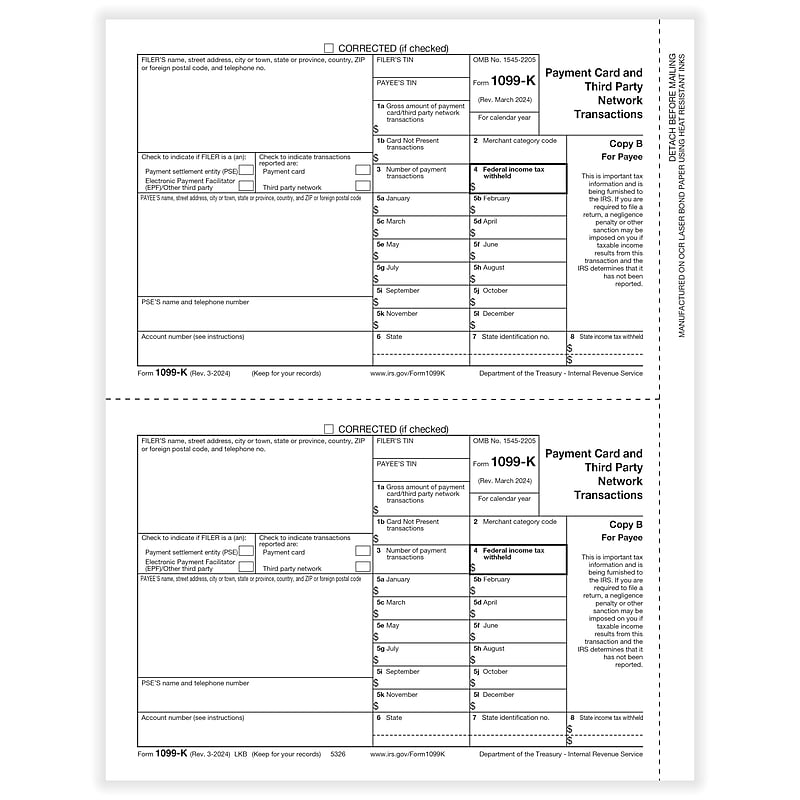 ComplyRight 2024 1099-K Tax Form, 1-Part, 2-Up, 100/Pack (5326) image 1