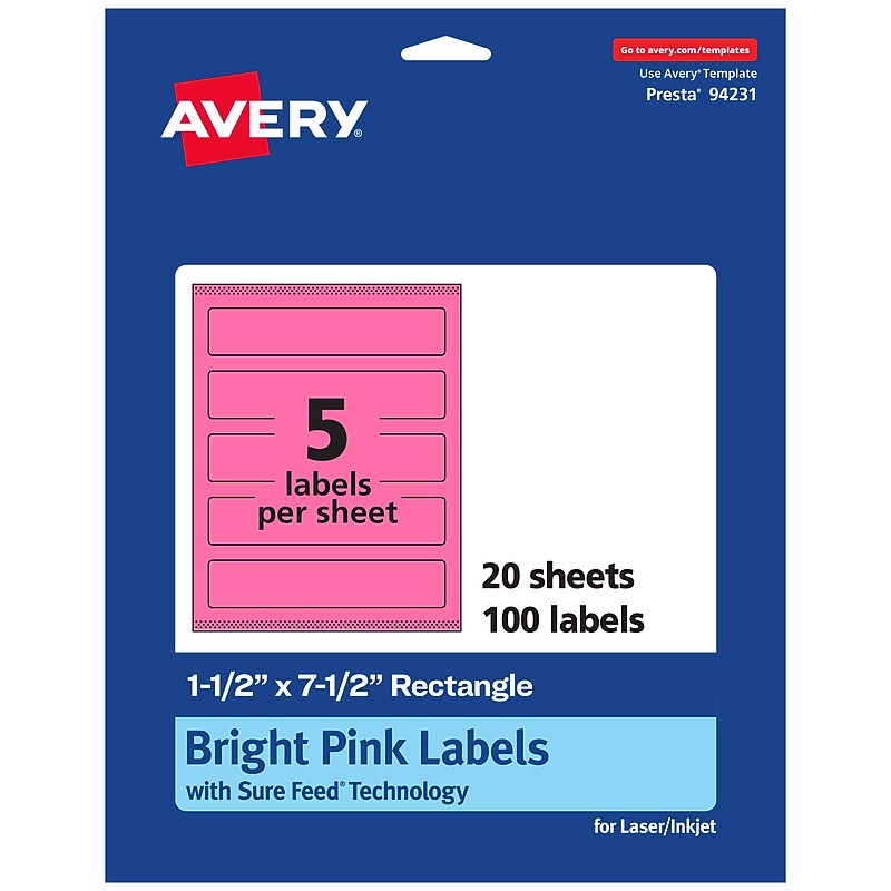 Avery Laser/Inkjet Rectangle Multipurpose Labels, 1.5" x 7.5", Bright Pink, 100/Pack (94231) image 1
