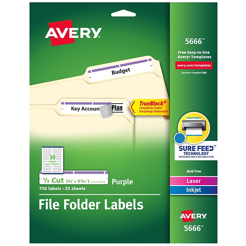 Avery TrueBlock Laser/Inkjet File Folder Labels, 2/3" x 3-7/16", White/Purple, 750 Labels/Pack (5666) image 1