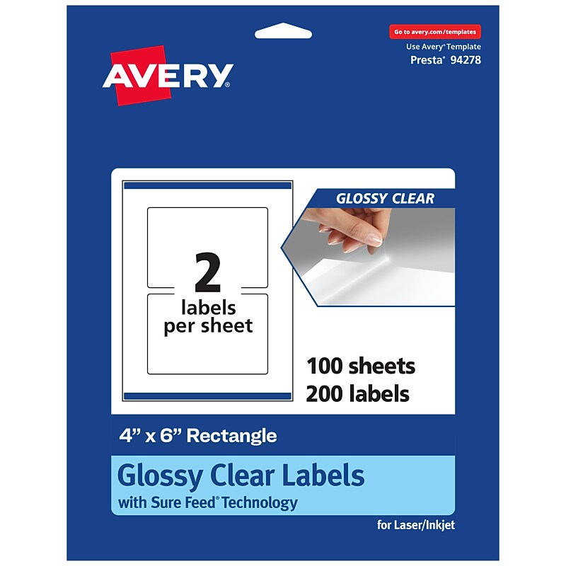 Avery Laser/Inkjet Multipurpose Rectangle Labels, 4" x 6", Clear, 200 Labels/Box (94278) image 1