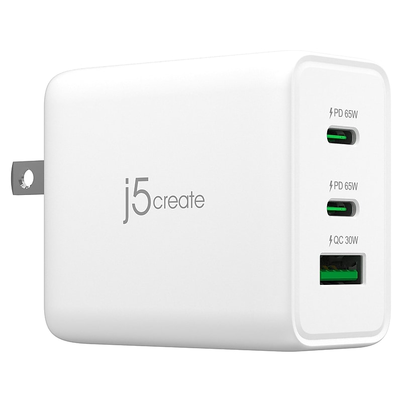 j5create 65W GaN USB-C 3-Port Charger for Laptops, Tablets and Mobile Devices, White (JUP3365) image 1