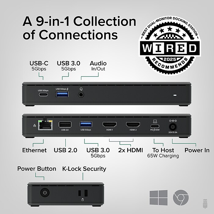 Plugable USB-C Dual HDMI Display Docking Station With 65W Laptop