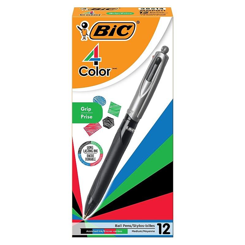 BIC 4-Color Grip Retractable Ballpoint Pen, 1.0mm, Assorted Ink, 12/Pack (MMPG11-AST) image 1