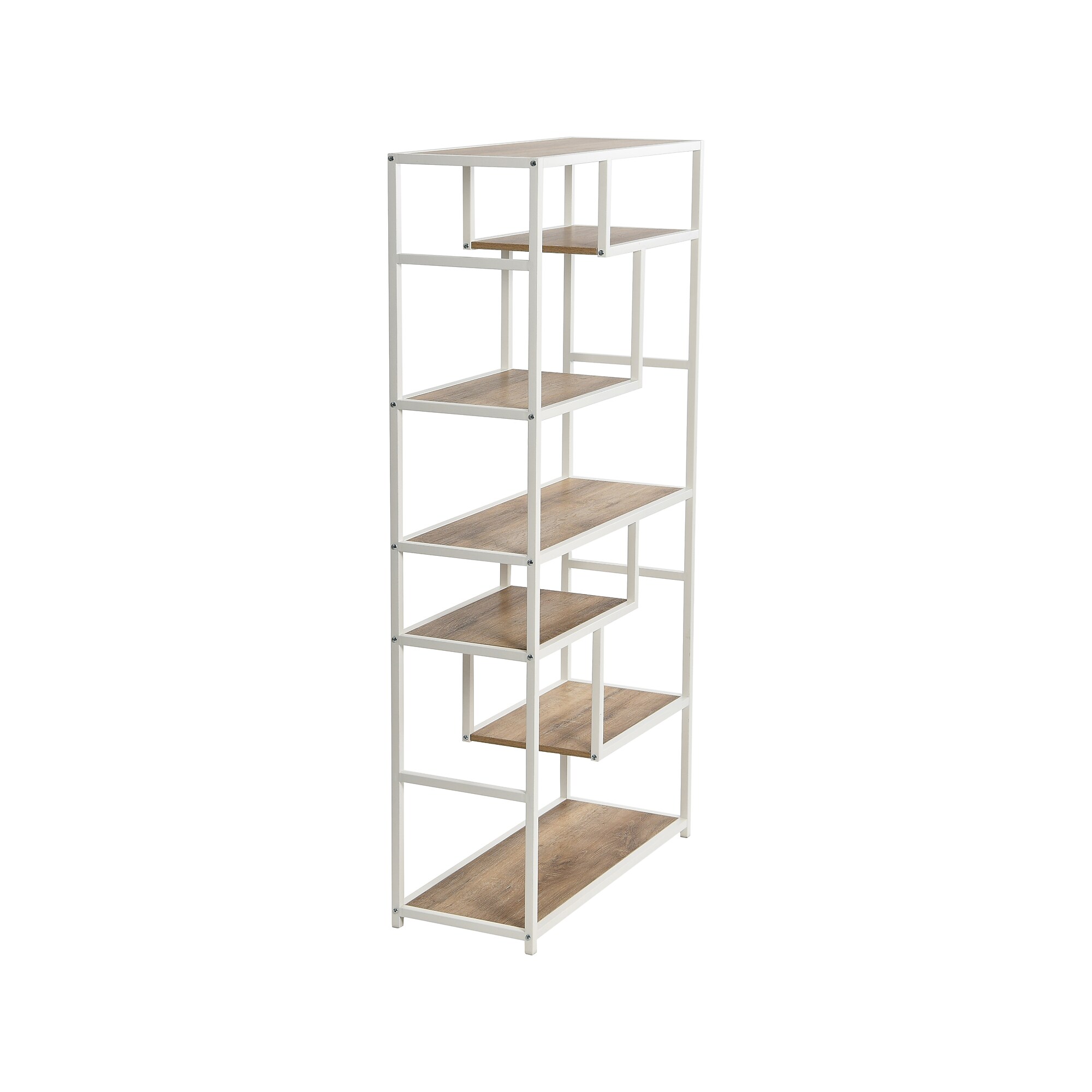 6-shelf bookcase with wood shelves and white frame
