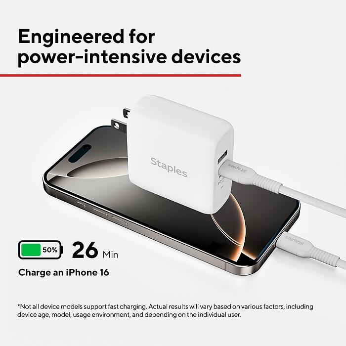 Staples TECH GaN USB-A/USB-C Wall Charger, 37W, White (ST62324-CC