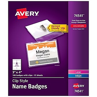 Avery Clip Style Name Badge Kit, Clear with White Inserts, 100/Box (74541)