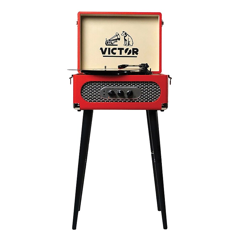 Victor Andover Dual-Bluetooth Belt-Drive 5-in-1 Suitcase-Style Record Player with Legs, Red (VWRP-3200-RD) image 1