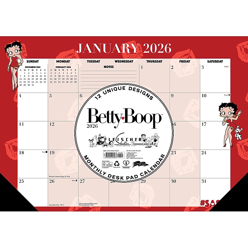 2026 Willow Creek Betty Boop 17" x 12" Monthly Desk Pad Calendar, Red (57087) image 1