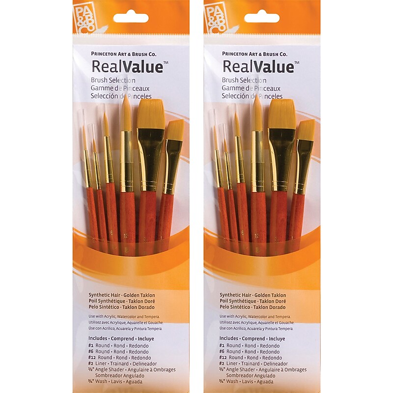 Princeton RealValue Short Handle Mixed Media Synthetic Taklon Variety Brush Set, 6/Set, 2 Sets/Bundle (PBXPR9153-2) image 1