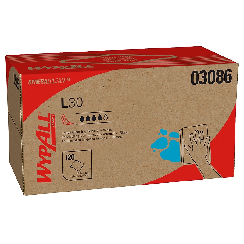 WypAll GeneralClean L30 Cleaning Cloths, 10" x 10.8", White, 12 Sheets/Box, 10 Boxes/Carton (03086) image 1