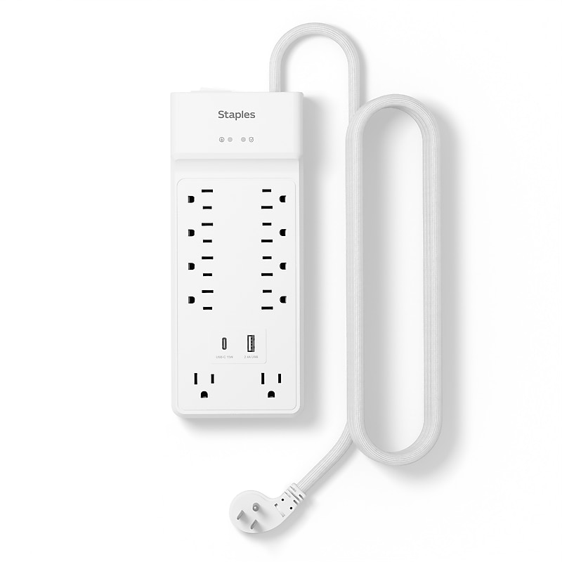 Staples TECH 10-Outlet 2-USB Port Surge Protector, 6', 3000 Joules, White (ST62776) image 1