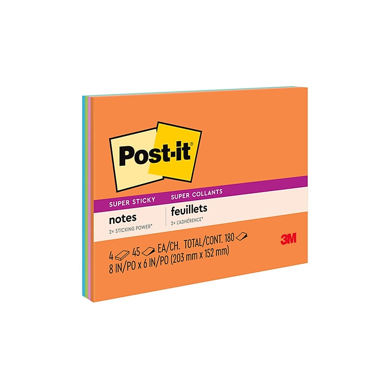 Post-it Super Sticky Notes, 8" x 6", Energy Boost Collection, 45 Sheet/Pad, 4 Pads/Pack (6845SSP) image 1