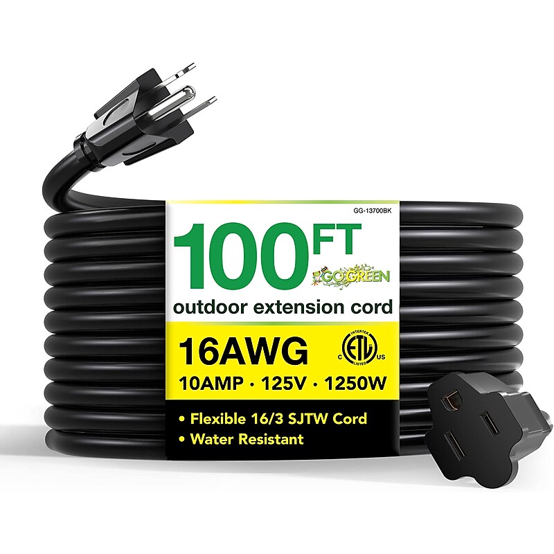 GoGreen Power 100' Indoor/Outdoor Extension Cord, 16 AWG, Black (GG-13700BK) image 1