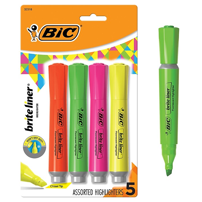 BIC Brite Liner Tank Highlighter, Chisel Tip, Assorted Colors, 4