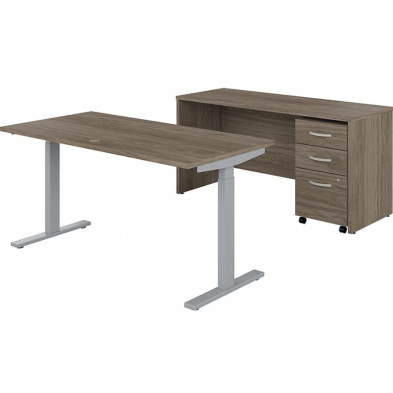 Bush Business Furniture Studio C 60"W Electric Height Adjustable Standing Desk w/ Credenza & File, Modern Hickory (STC017MHSUFA) image 1