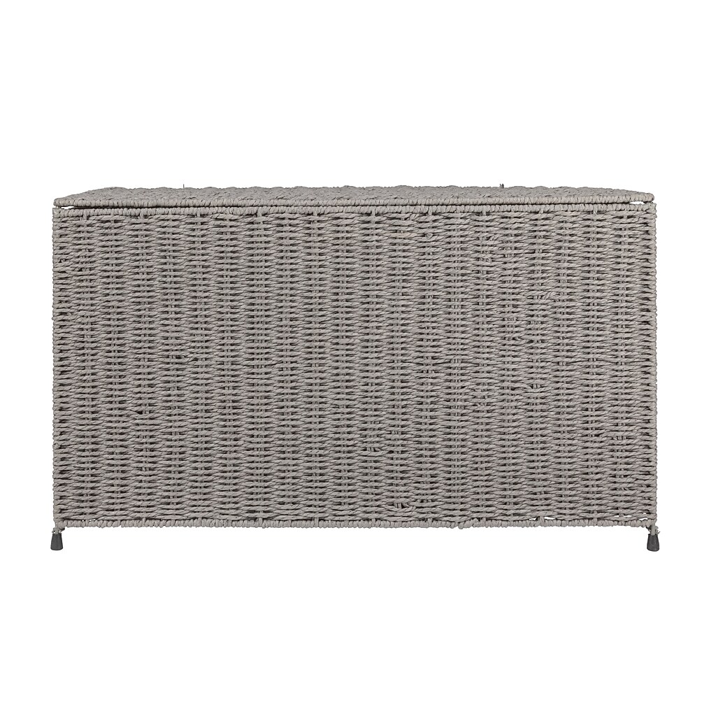 Front view of closed grey woven storage chest