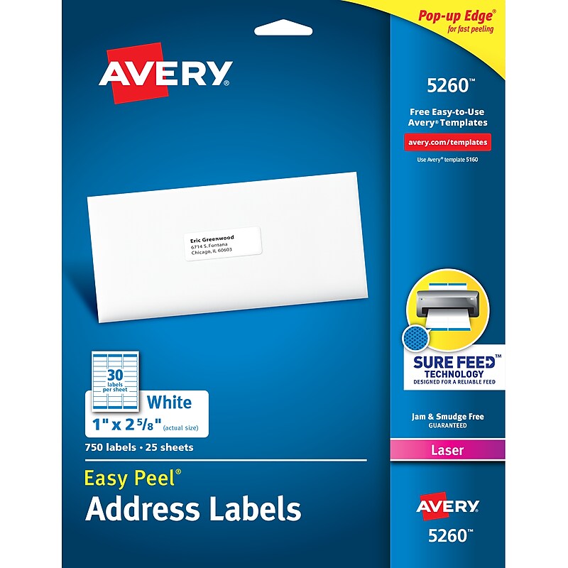 Avery Easy Peel Laser Address Labels, 1" x 2-5/8", White, 750 Labels/Pack (5260) image 1