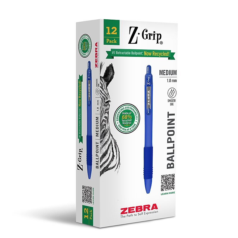 Zebra Z-Grip Retractable Ballpoint Pen, Medium Point, 1.0mm, Black Ink, Dozen (20620) image 1