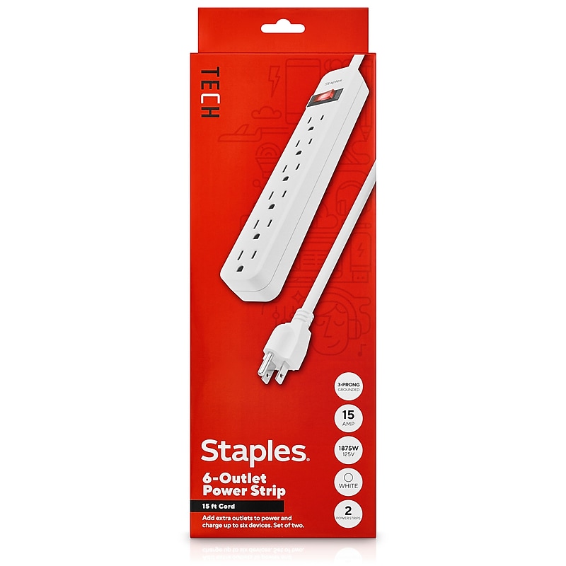 Staples TECH 6-Outlet Power Strip, 15' Cord, White, 2/Pack (42321) image 1