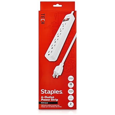 Staples TECH 6-Outlet Power Strip, 15′ Cord, White, 2/Pack (42321) Simolary simolary.com