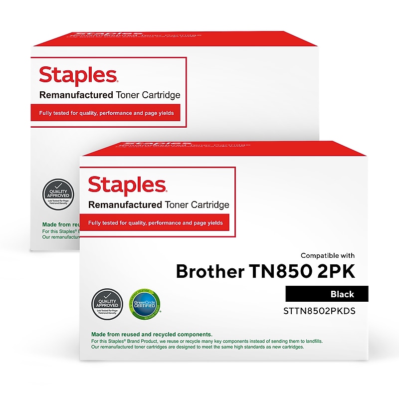 Staples Remanfatured Black High Yield Toner Cartridges Replacement for Brother TN850 (TN8502PK), 2/Pack image 1