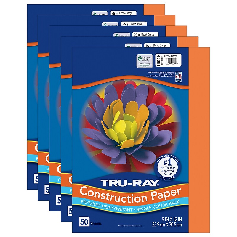 Tru-Ray 9" x 12" Construction Paper, Electric Orange, 50 Sheets/Pack, 5 Packs/Bundle (PAC103404-5) image 1