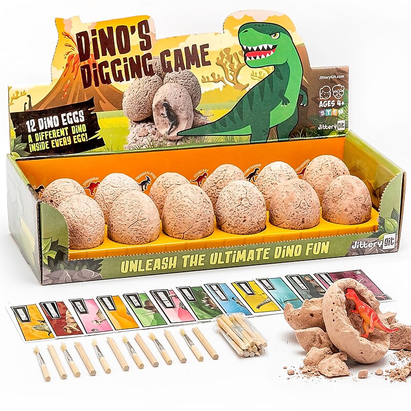 JITTERYGIT Dino Eggs Digging Game Kit,12 Dino Eggs Excavation Set (Dino Eggs - Beige) image 1