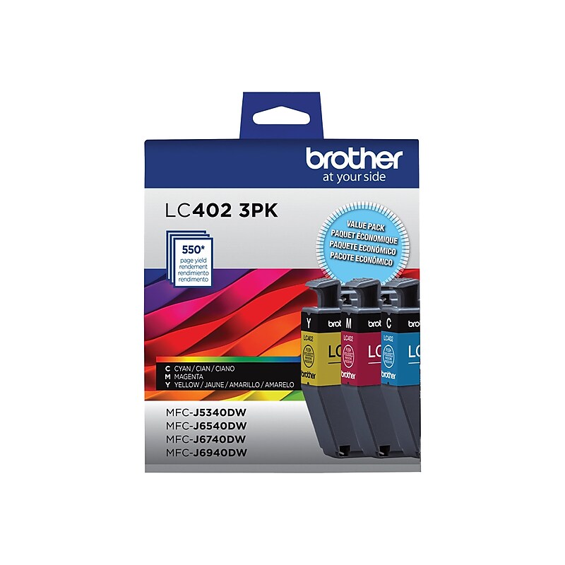 Brother LC402 Assorted Colors Standard Yield Ink Cartridges, 3/Pack (LC4023PKS) image 1